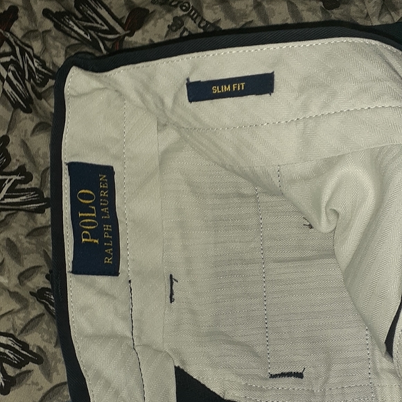 Ralph Lauren Polo Slim Fit All Over Print Pants Chino Chinos Navy Blue AOP Logo - Picture 3 of 4